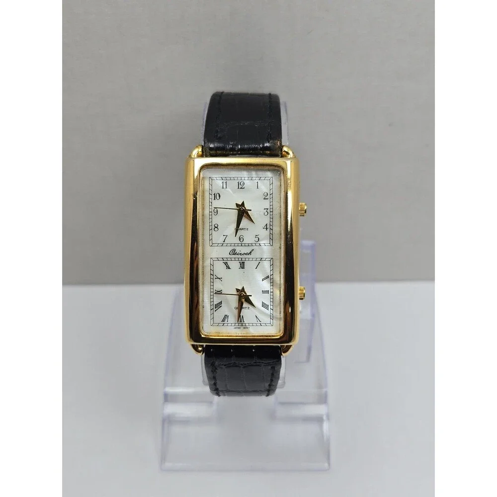 Vintage Osirock Dual Time 26mm Gold Tone Tank Watch Black Leather New Battery